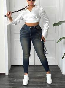 SHEIN SXY Jeans décontractés polyvalents moulants avec poches pour femmes grandes tailles