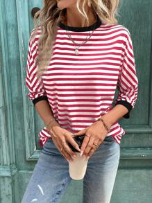 SHEIN LUNE Czarno-biała, w paski, patchworkowa, pomarańczowa, swobodna, uliczna koszulka z długim rękawem dla kobiet - Czerwony - Zobacz 1