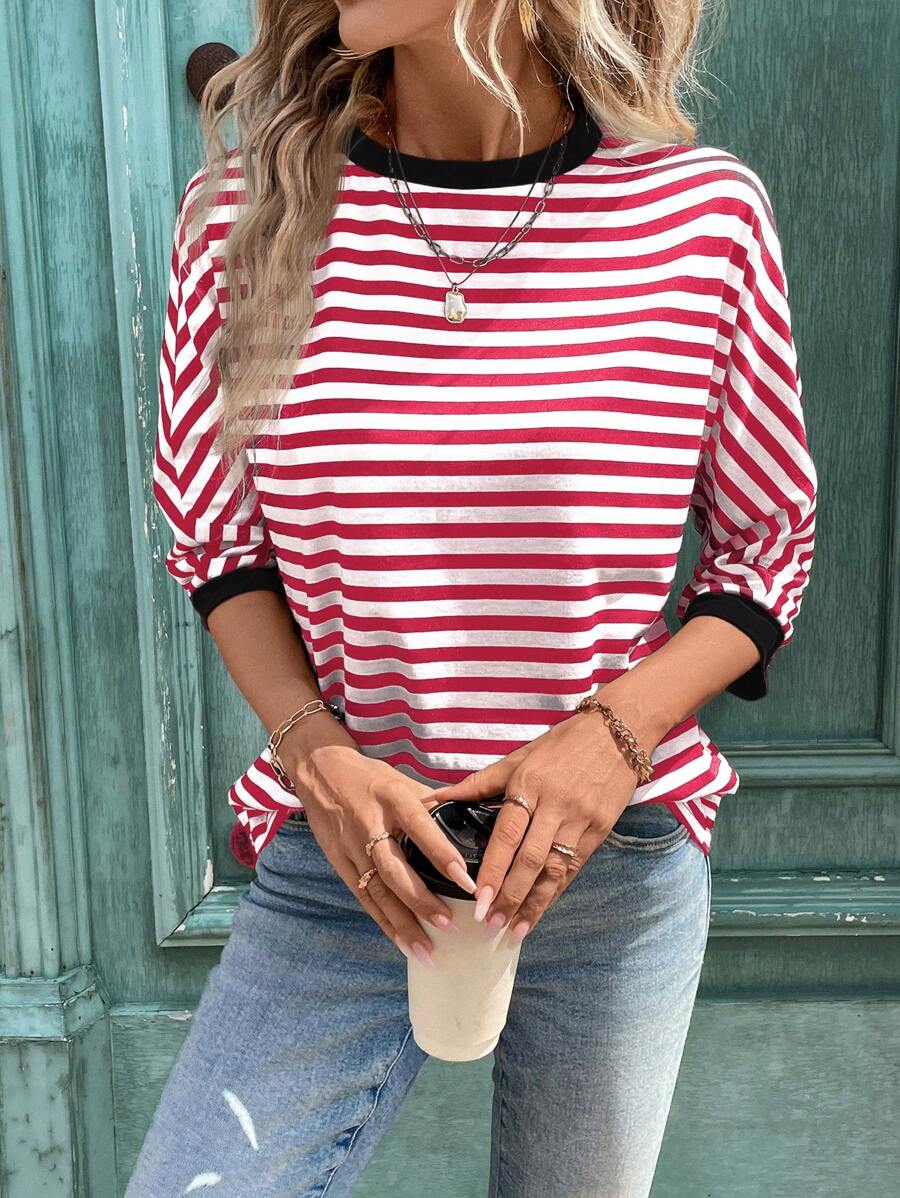 SHEIN LUNE Czarno-biała, w paski, patchworkowa, pomarańczowa, swobodna, uliczna koszulka z długim rękawem dla kobiet - Czerwony - Zobacz 1