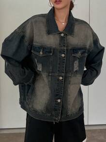 DAZY Women's Autumn/Winter Drop Shoulder Long Sleeve Distressed Washed Baggy Denim Jacket - Blue - View 8