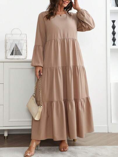 Flirla Plus Size Women's Spring Summer Solid Round Neck Lantern Sleeve Ruffle Hem Loose Casual Dress Maxi Women Outfit Fall Cloth For Women