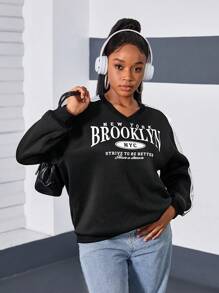 SHEIN Teen Girl Metal Silver & Black Patchwork Print Knit Sweatshirt