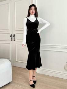 DAZY Women's Elegant Thermal Lined Solid Color Spaghetti Strap Midi Dress, Autumn