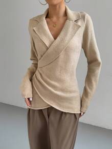 Chiquease 纯色长袖简约时尚交叉毛衣，长袖上衣 - 杏色 - 查看 3