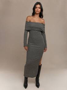 MISSGUIDED Striped Long Sleeve Side Slit Hem Bodycon Bardot Maxi Dress - Black - View 4