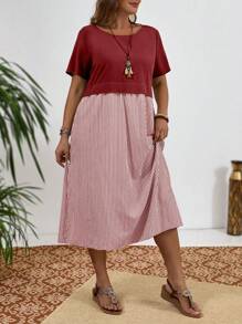EMERY ROSE Vestido de verano de talla grande, vestido campestre de bloqueo de color con cuello redondo, manga corta, vestido de verano a rayas para mujer