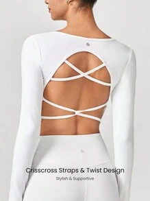 GLOWMODE Seamless Fitted Long Sleeve Crop Tee With Lace-Up Back Light Support Low Impact Yoga Pilates Daily Gym - White - View 4