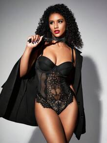 EmpressEnvy Contrast Lace Mesh Push Up Teddy Bodysuit Lingerie - Black - View 3