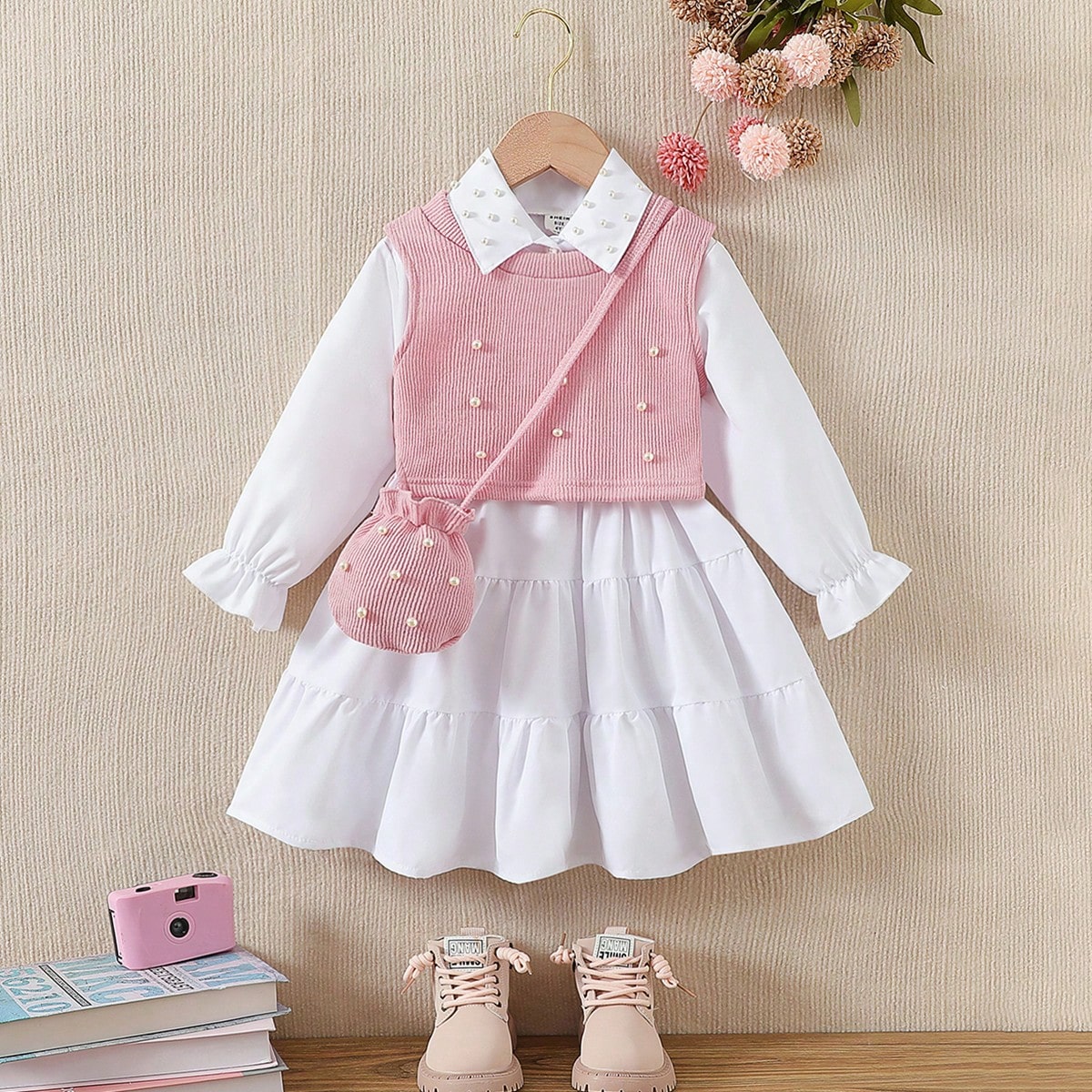 Set de 2 piezas Traje de vestido elegante de primavera/otoño para niñas, camisa vestido sólido con cuello casual + chaleco de camisola con cuentas