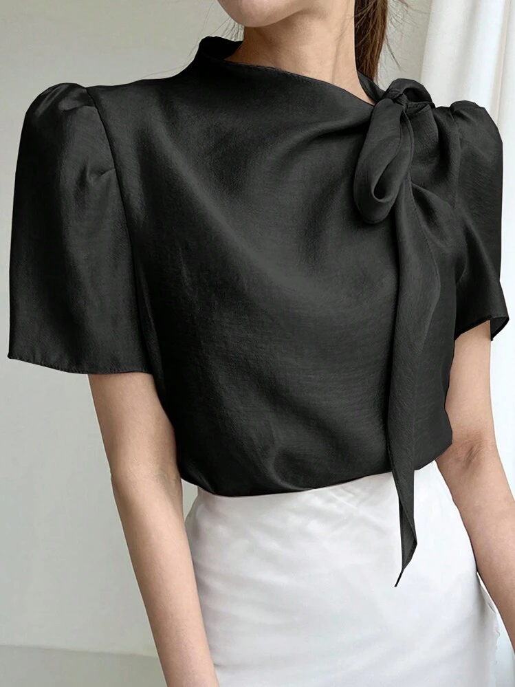 DAZY Women's Solid Color Tie Up Short Sleeve Minimalistic Casual Top - Black - View 3