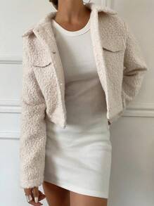 DAZY Fleece Cropped Casual Jacket For Women - Beige - View 5