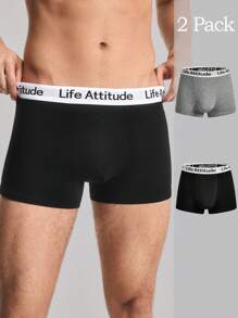 EasyFave 2pcs/Set Men's Solid Color Patchwork Letter Print Casual Boxer Briefs - Multicolor - View 1