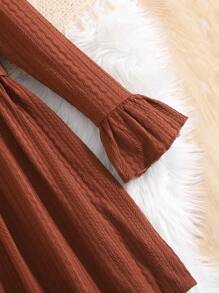 Tween Girl Casual Solid Color Frill Collar Long Sleeve Cinched Waist Fall Dress