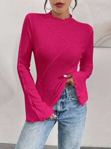 SHEIN Essnce Women's Spring/Summer Solid Color Stand Collar Long Sleeve Slim Fit T-Shirt With Ruffled Edge - Hot Pink - View 5