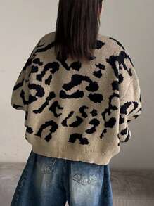 DAZY 女式宽松圆领豹纹毛衣、长袖上衣、秋装 - 彩色 - 查看 5