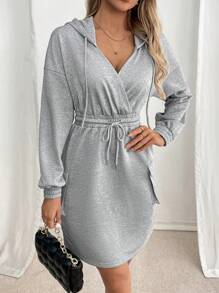 SHEIN LUNE Damen lässiger Jumpsuit Kleid mit Kordelzug Kapuze für Frühling & Herbst