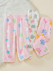 SHEIN 3 件套女婴毛绒爪印、星星、小狗和小猫图案保暖内衬裤，适合居家和户外，秋冬季 - 彩色 - 查看 6