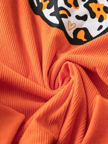 Chiquease Sudadera suelta de terciopelo con estampado de calabaza y leopardo para otoño - Naranja - Ver 5