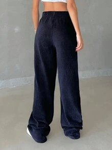 EURMUSE Women Solid Color Wide Leg Pants - Navy Blue - View 2