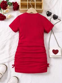 SHEIN Young Girl's Summer Rhinestone Heart Print Crew Neck Ruched Casual Dress,Holiday,Summer,Travel - Red - View 2
