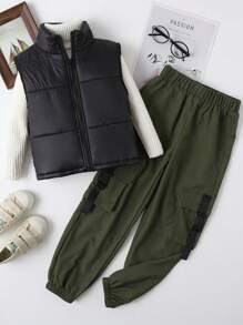 SHEIN 2 件套女童前拉链长袖上衣和裤子休闲装 - 軍綠色 - 查看 1