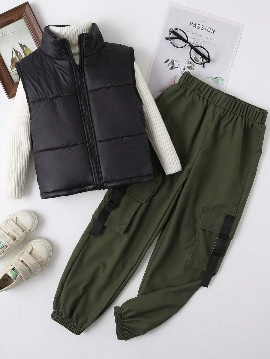 SHEIN 2 件套女童前拉链长袖上衣和裤子休闲装 - 軍綠色 - 查看 1