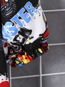 SHEIN Young Boy Casual Loose Street Graffiti Print Thermal Lined Thick Zip-Up Hooded Mid-Length Jacket, Suitable For 4-7 Year Old Young Boy In Winter And Outdoor Travel Daily Wear - Multicolor - View 3