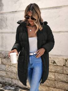 EURMUSE Flap Pocket Drawstring Waist Hooded Puffer Coat