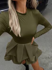 Chiquease 女式纯色圆领长袖褶饰花卉中长连衣裙，春夏 - 軍綠色 - 查看 5