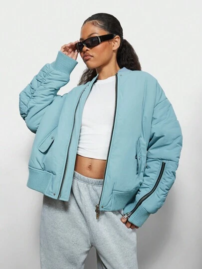 SUMWON WOMEN 超大冬季飞行员夹克，加厚绗缝蓬松街头休闲时尚外套，带拉链口袋，侧臂拉链细节秋季外套