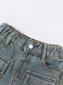 SHEIN Celana Kargo Denim Lurus Warna Biru Muda dengan Banyak Kantong, Sobek, dan Banyak Saku, Gaya Streetwear Vintage untuk Anak Perempuan, Cocok untuk Sekolah, Kampus, atau Perguruan Tinggi. - Light Wash - View 3