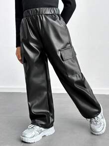 Young Girl Plain Color Elastic Waist PU Leather Utility Pockets Loose Casual Pants - Black - View 5