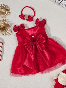 SHEIN 新生女婴 100 天红色蕾丝连衣裙（带头带）摄影连衣裙套装 - 紅色 - 查看 6