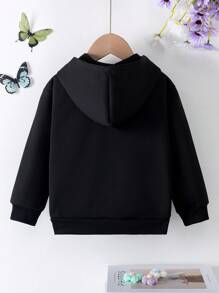 SHEIN Young Girl Lightweight Zipper Closure Knit Butterfly Pattern Hooded Jacket, Casual Style For Fall & Winter - Black - View 2