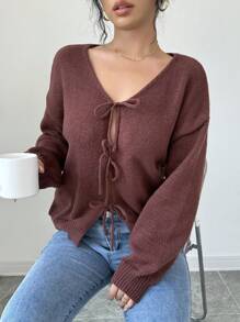 Selianne Women's Solid Color Drop Shoulder Long Sleeve Front-Tie Cardigan, Autumn/Winter,Long Sleeve Tops Fall Cloth For Women - Coffee Brown - View 6