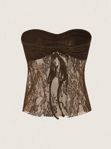 SHEIN Unity Débardeur transparent en dentelle à couleurs contrastées sexy pour femmes, pour l'été - Marron fonçé - Voir 2