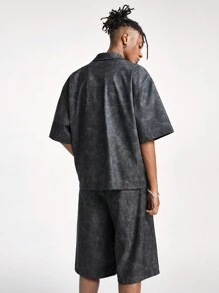 Manfinity VCAY Men's Stretchy Vintage PU Leather Loose Fit Short Sleeve Shirt Set - Black - View 2