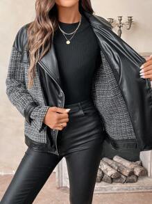 SHEIN LUNE Áo khoác Biker dáng rộng dành cho nữ có chi tiết chắp vá bằng vải tuýt, khóa kéo, thu đông - Đen và trắng - Xem 9