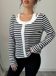 Chiquease Women's Long Sleeve Button-Design Casual Striped T-Shirt, Spring And Autumn