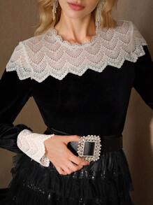 MOTF PREMIUM VELVET CONTRAST LACE YOKE BLOUSE - Black - View 3