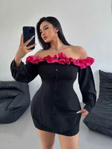 Allurite Camisa de manga larga con volantes en el bajo, estilo minimalista versátil casual para tallas grandes, de hombros descubiertos, en color blanco