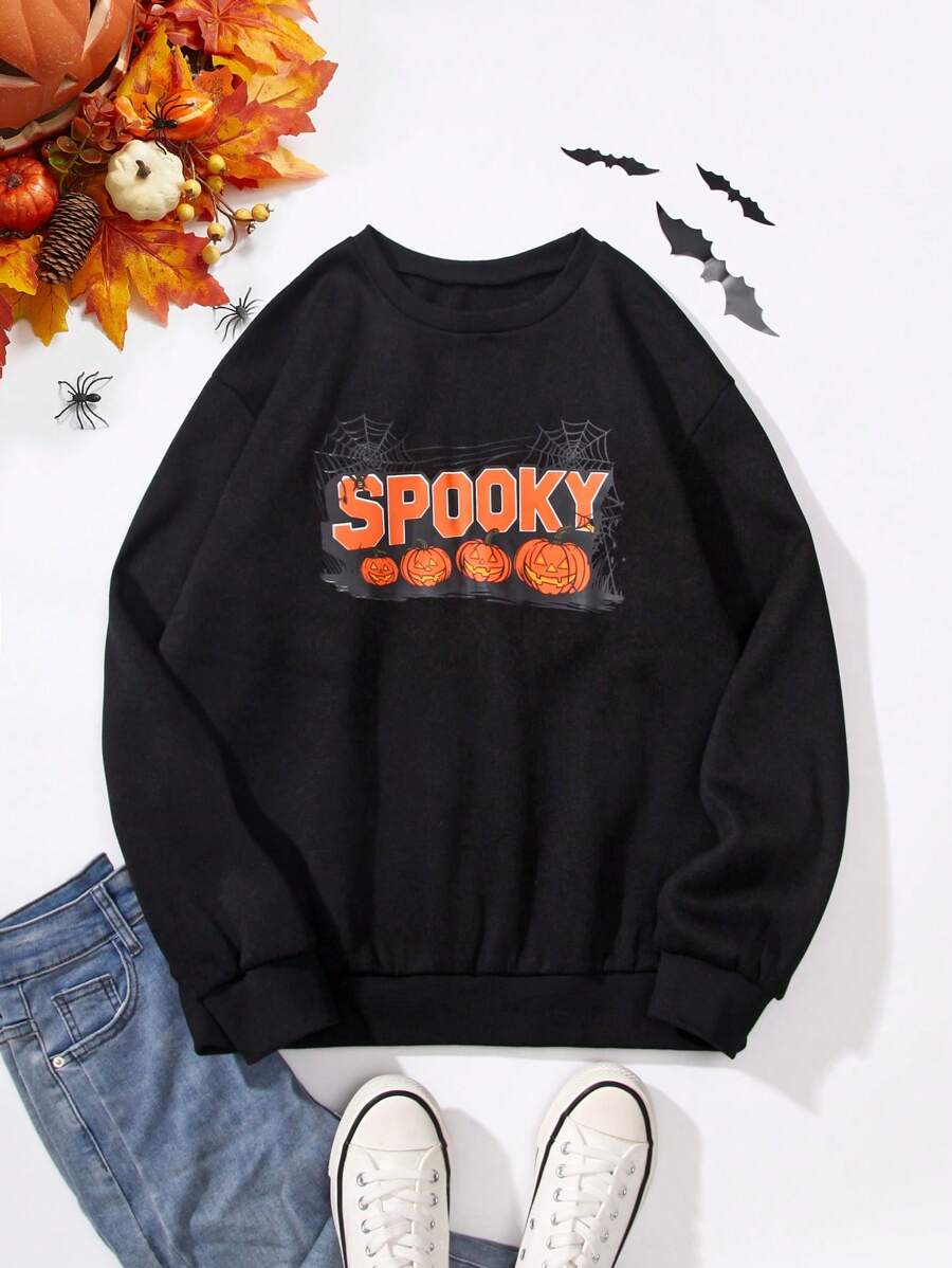 SHEIN Unity Áo nỉ chui đầu kiểu dáng thường ngày, họa tiết bí ngô và chữ cái chủ đề Halloween, thích hợp cho mùa thu. - màu đen - Xem 1