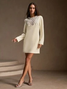 Anewsta Women's Fashionable Elegant Airy Knit Dress With Pearl And Rhinestone Decor
