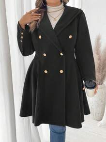 Flirla Plus Size Solid Color Button Front Long Sleeve Hooded Coat Top, Casual Daily Wear