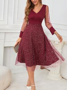 Women's Sparkling Mesh Long Sleeve A-Line Midi Dress With V-Neck For Christmas Party Cocktail - Burgundy - View 6