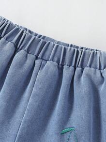 SHEIN 2 件复古风格年轻女孩 2 合 1 樱桃刺绣 T 恤和牛仔裤套装