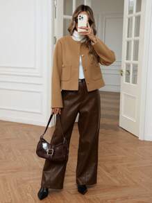 SHEIN Privé Minimalist Elegant Loose Fit Short Jacket With Large Pockets And Metal Decorative Buttons Fall Winter Cloth For Women