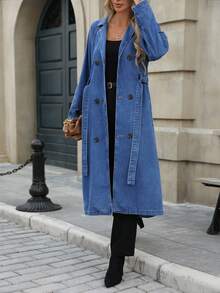 Lång jeansjacka för kvinnor med Dolman-ärmar, höst/vinter vindjacka - Mediumtvätt - Visa 4