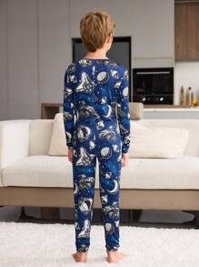 Tween Boy Luminous Starry Sky Print Snug Fit Pyjama Jumpsuit Vrijetijdskleding, Zwart, Lange Mouw
