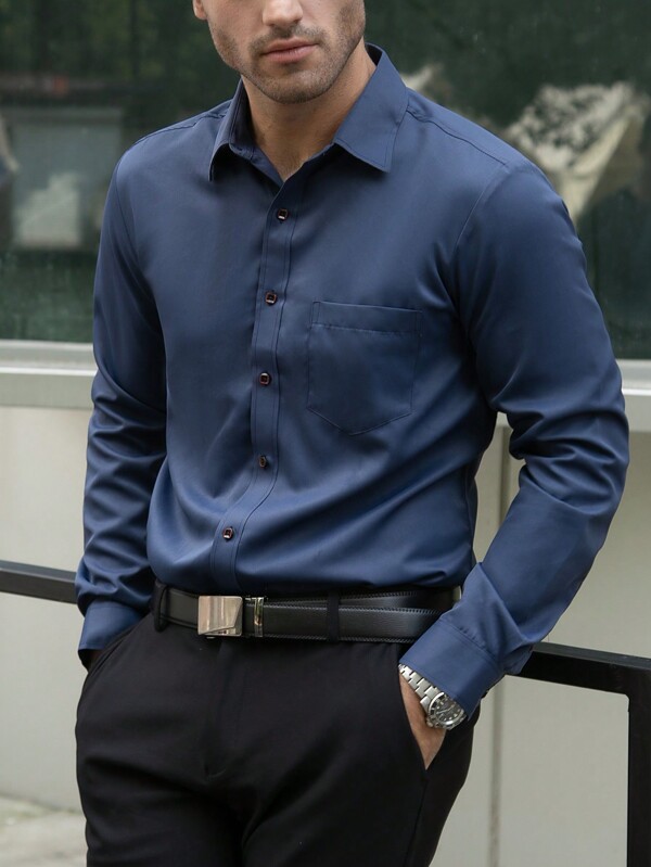 Manfinity Bizformal Men's Solid Color Business/Casual Long Sleeve Shirt, Spring & Summer, Navy Blue Dress Shirt Men, Business Casual Men Shirt, Royal Blue Dress Shirt Men, Dark Blue Shirt Men